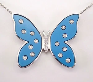 18K White Gold Diamond and Turquoise Butterfly Necklace Charm Pendant Chain - Picture 1 of 6