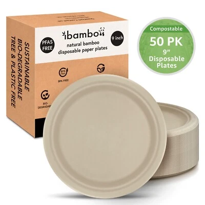 Ibambo Bamboo Disposable Paper Plates - 9 Inch, 50 Pack, Compostable Plates - Image 1 of 4