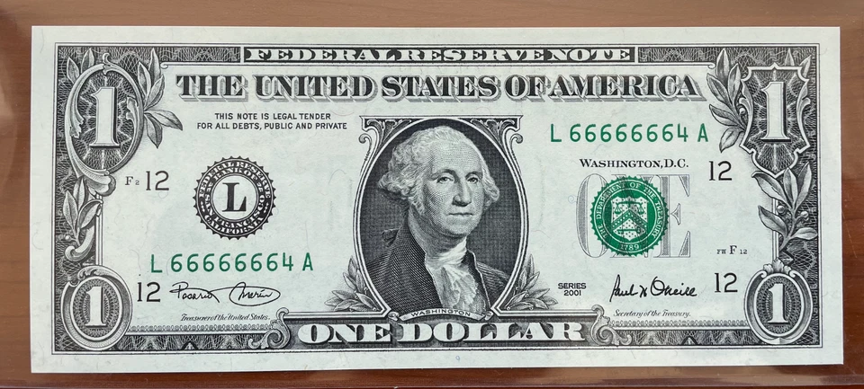 FR 1927 $1 2001 "SERIAL # SOLID 6's - 4" FEDERAL RESERVE NOTE RAW GEM - Image 1 of 3