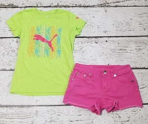 JUSTICE PUMA 12 Girls Green Tee & Pink Denim Cutoff Jean Shorts DC-TT20 - Picture 1 of 7