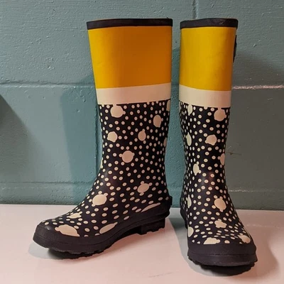 Botas de lluvia Serra para mujer talla US 8 azul/amarillo blanco lunares excelente estado Foto 1 de 4