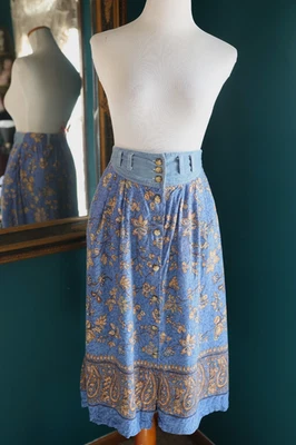 Vintage Capacity Floral Denim Skirt Button Up Cottagecore Prairie Western PS - Image 1 of 4