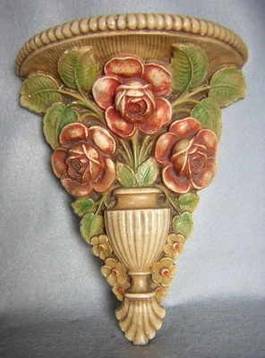 Bonito Estante de Pared Art Deco Vintage con Rosas Rosas, Yeso, Pintura Original Foto 1 de 4