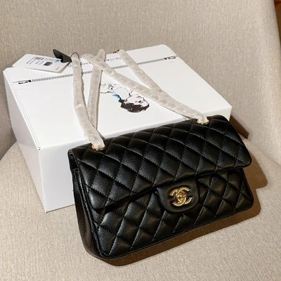 Classic Flap CF Leather Pattern Shoulder Bag with Stripes-Black Small Size gift - Image 1 of 4