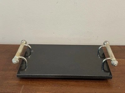 Bandeja de queso tabla de cortar plateada mármol granito negro pluma Godinger Foto 1 de 4