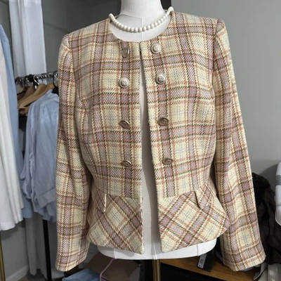 Chaqueta corta Tahari ASL Boucle a cuadros dobladillo peplum para mujer 12 amarilla manga larga Foto 1 de 3