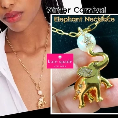 COLLAR ELEFANTE KATE SPADE ⭐️ NUEVO CON ETIQUETAS Invierno Carnaval CADENA CRISTAL ORO PERLA Foto 1 de 4