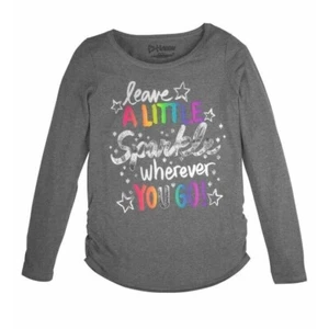Hanes Girl`s Graphic Shirred Sideseam Long Sleeve Tee Gray Color - Picture 1 of 2