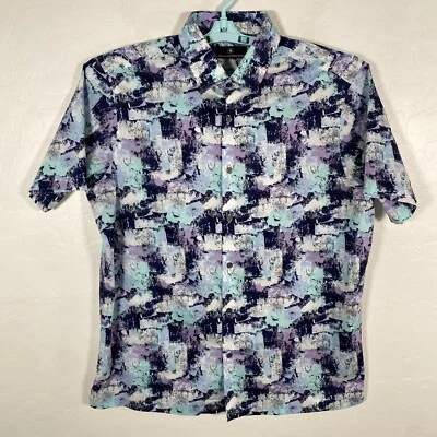 Camisa Hart Schaffner Marx Para Hombre Grande Azul Púrpura Abotonada Manga Corta Abstracta Foto 1 de 4
