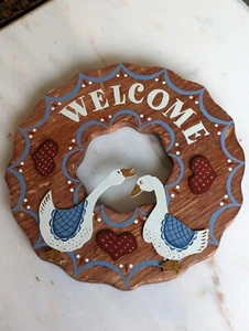 Vintage Farmhouse Wooden Welcome Wreath Sign Country Geese Ducks Hand Painted - Bild 1 von 11