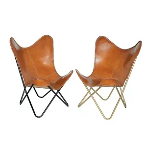 2 Pcs Vintage Leather Butterfly Chair Lounge Accent Folding Relax Arm Chair BKF - Picture 1 of 16