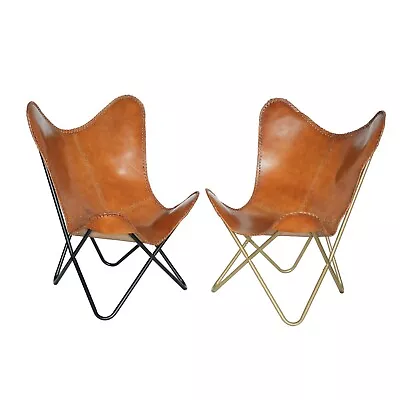 2 Pcs Vintage Leather Butterfly Chair Lounge Accent Folding Relax Arm Chair BKF - Image 1 of 4