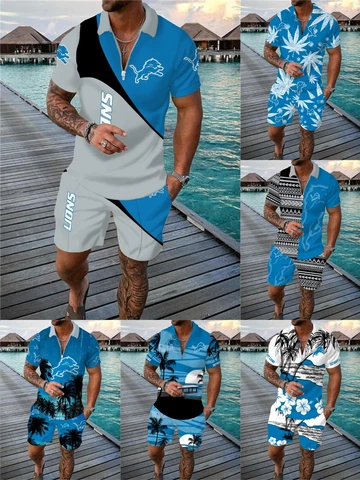 Detroit Lions 2 Pieces Outfits Casual Zip Collared Shirt Beach Shorts Set Gifts Cover