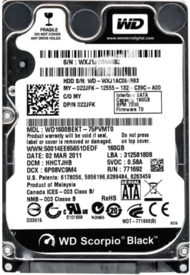 Hard Drive Dell 022JFK WD1600BEKT 160GB 7200RPM 16MB SATA II 2.5'' Inch - Image 1 of 3
