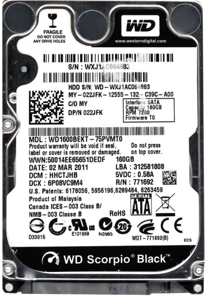 Hard Drive Dell 022JFK 22JFK WD1600BEKT 160GB 7200U/Min 16MB SATA II 2.5'' Inch - Image 1 of 3