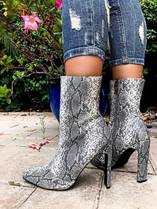 Square Toe Snake Print Wrapped Rectangular High Heel Dress Ankle Boot Bootie  - Picture 1 of 9