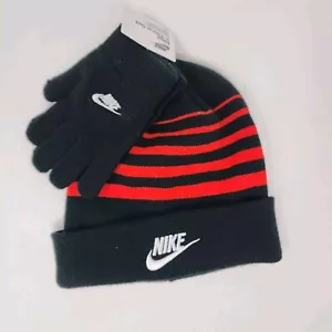 Nike Beanie & Glove Set Black Red Unisex Striped 2 Piece 8/20 Logo Streetwear - Picture 1 of 8