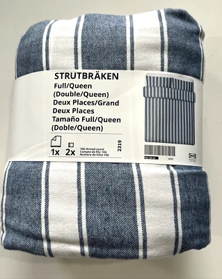 Ikea STRUTBRAKEN Full/Queen Duvet Cover +2 Pillowcases Flannel White Blue Stripe - Image 1 of 4