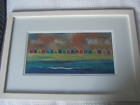 BEAUTIFUL TEXTILE ART MACHINE EMBROIDERED PICTURE OF BEACH HUTS 48CMS X 32CMS