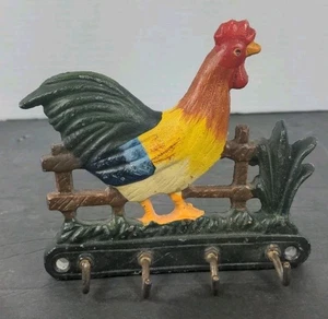 Portachiavi 4 ganci vintage 5" in ghisa dipinto a mano gallo pollo - Foto 1 di 8
