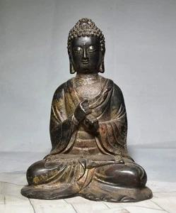 7,5 Zoll alte antike tibetische Buddhismus Tempel Bronze vergoldet Shakyamuni Buddha Statue - Bild 1 von 9