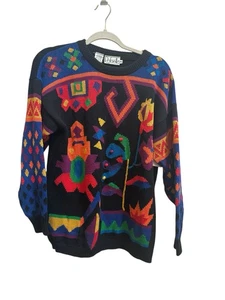 Rafaella Vintage 80er Artsy Pullover Ramie Mischung bunt Strick geometrisch geblümt Gr. M - Bild 1 von 5