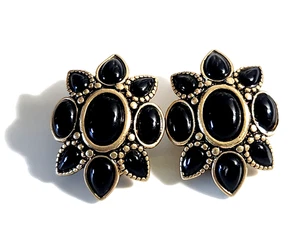 Vintage SIGNED Liz Claiborne BLACK ONYX CLIP EARRINGS TEAR DROP CABOCHON - Picture 1 of 3