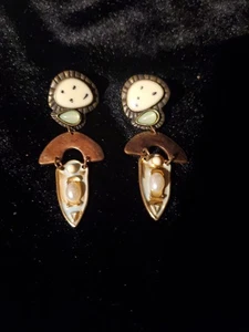 Rare Vintage Abstract Earrings Sunface Inlay, Mixed Materials. Dangles. 3". - Picture 1 of 8