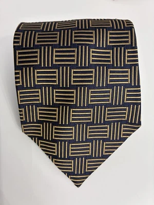 Corbata Bruno Piattelli 100 % seda azul marino dorado patrón geométrico negocios formal Foto 1 de 4