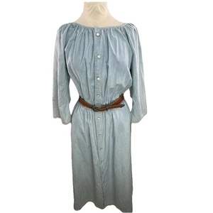Liz Wear L Blue Chambray Denim Midi Pearl Button Front Dress With Western Belt - Picture 1 of 13