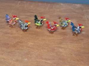 6 Hand Blown Glass Roosters 1 1/2 Inch Tall - Picture 1 of 7