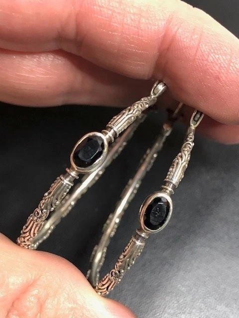 9074 Sarda Bali Esterlina 925 Turmalina Negra Pendientes Argolla Grandes 9.3 gramos 1.75" Foto 1 de 4