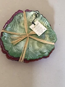 AKCAM TURKISH IRIDESCENT GLASS SET OF 4 DESSERT PLATES FLORAL ASSORTED COLORS - Picture 1 of 7