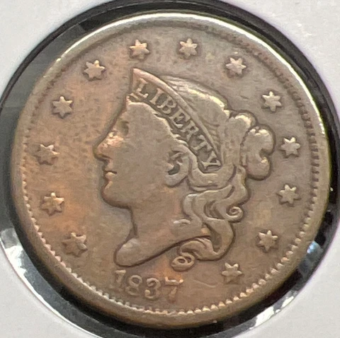 1837 SL CORONET HEAD LARGE CENT GRADES VERY GOOD DETAIL  ACTUAL COIN #C13627 Cover