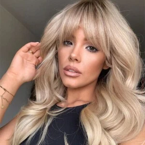 Human Hair Light Platinum Blonde Lace Front Wig With Bangs Dark Root - Picture 1 of 4