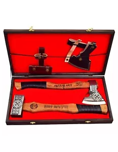 2pcs Set - carbon Steel Hammer, Hand Forged Axe with wood box & Leather Sheath - Picture 1 of 6