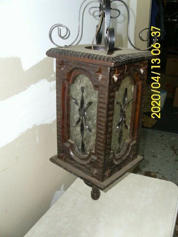 Vintage Mid Century Spanish Tudor foyer Light Fixture Metal/Wood pendant Cover