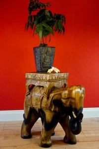 Elephant Side Table Brown Acacia Solid Wood Flower Stool Table Carving - Picture 1 of 4