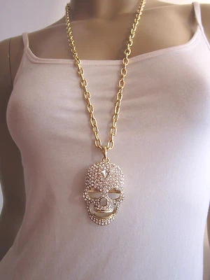 Bettelkette Hals Kette  Modekette Lang Strass Totenkopf Skull Gold Bling BR122 - Bild 1 von 3