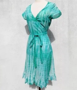 CALYPSO ST.BARTH Womens Cap Sleeve WRAP-DRESS EYELET Hem Tie Dye Turquoise Sz.XS - Picture 1 of 12