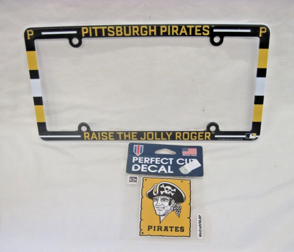 PITTSBURGH PIRATES PLASTIC LICENSE PLATE FRAME 6" X 12" AND 4" DIE CUT DECAL - Image 1 of 1