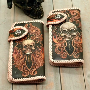 Börse Wallet Sheridan Style Skull Totenkopf ECHT LEDER Concho 20,5 cm x 9,5 cm - Bild 1 von 14