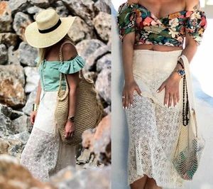 ZARA WOMAN DOPPELLAGIGER MIDIROCK AUS SPITZE GUIPURE HÄKEL CREME - Bild 1 von 7