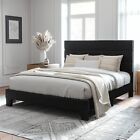 Full Size Platform Bed Frame with Velvet Upholstered Headboard and Woode