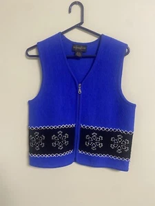 Requirements Blue Snowflake Cut Out 100% Wool Zip Up Sleeveless Vest Size Small - Picture 1 of 7