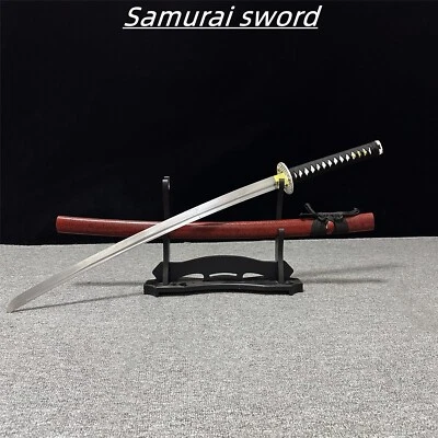 Espada Katana Hecha a Mano 1060 Acero Sin Afilar Rojo Saya Negro Envoltura con Soporte Foto 1 de 4
