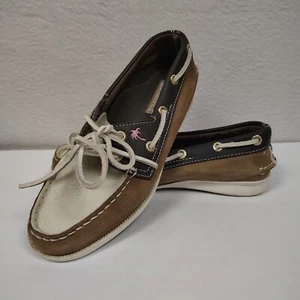 Margaritaville Boat Shoes Womens sz 6 Leather Tan Brown Loafer Nautical Tropical - Picture 1 of 11
