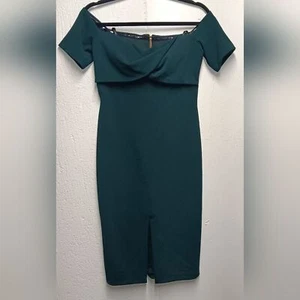 Betsy & Adam | Dark Green | Short front-slit Off the Shoulder Sleeves midi dress - Picture 1 of 12