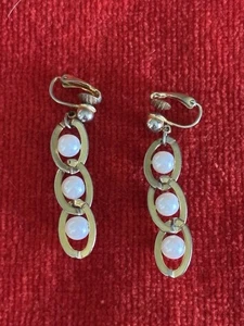 Small Gold Plated Pearl Dangle Clip on Earrings - Picture 1 of 5