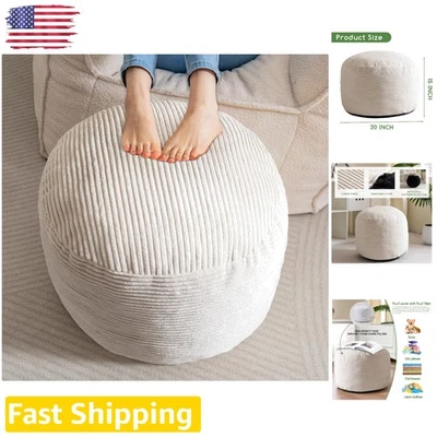 Chic Beige Corduroy Pouf Ottoman with Faux Fur – Perfect Foot Rest & Storage - Image 1 of 4